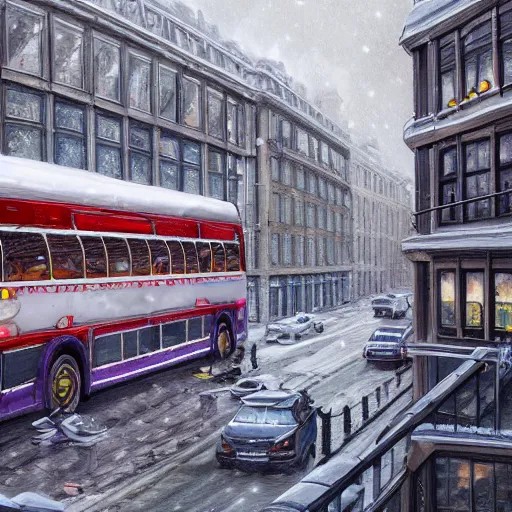 Prompt: a storybook illustration of a multistory bus in winter london road, intricate, elegant, fantasy, highly detailed, digital painting, concept art, sharp focus, artstation