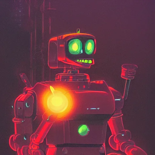 Prompt: a dark and colorful close - up of a sci - fi mecha courage the cowardly dog with led lights glowing fog in the background. highly detailed science fiction painting by norman rockwell, frank frazetta, and syd mead. rich colors, high contrast, gloomy atmosphere, dark background. trending on artstation