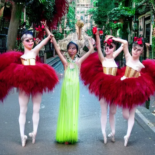 Prompt: The leafy streets ripple with the sound of ballerinas cackling. They splurge from the gilded doorways, all dressed in white and black and crimson. Their faces are painted like jewels: red-hot rubies for their mouths, green emeralds for their eyes, blue sapphires for their cheeks.