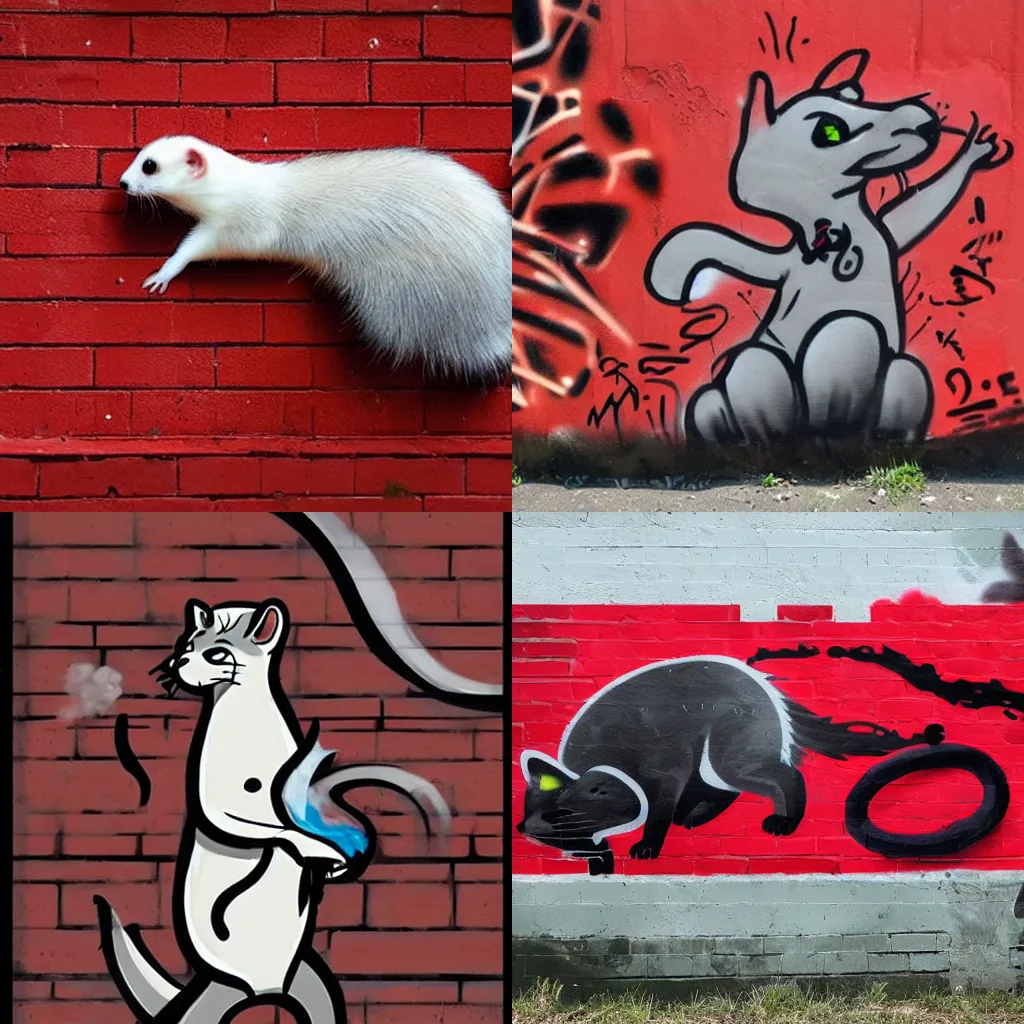 Prompt: ( ( smoke ) * ( backing ) ) + ( ( furry fandom ) * ( ( ferret * weasel * stoat * fursona ) * ( red + black ) ) ) = ( wall + graffiti )