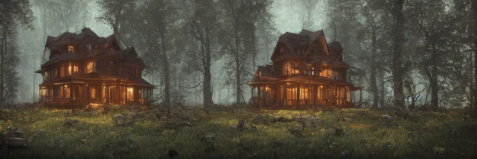 Prompt: victorian house made of wood in a dark forest with obsidian trees and Opal flowers, jade, lapis, eerie, painting, trending on artstation, octane render, atmospheric lighting, misty, rain