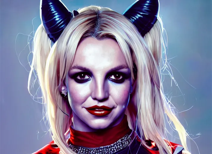 Image similar to highly detailed portrait of britney spears as harley quinn, in batman comics, stephen bliss, unreal engine, fantasy art by greg rutkowski, loish, rhads, ferdinand knab, makoto shinkai and lois van baarle, ilya kuvshinov, rossdraws, tom bagshaw, global illumination, radiant light, detailed and intricate environment