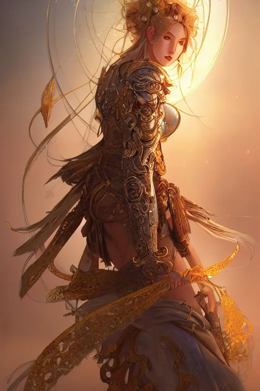 Image similar to portrait knights of zodiac girl, golden and copper shining armor, bushido katana, in ruined agora of athens sunrise, ssci - fi and fantasy, intricate and very very beautiful and elegant, highly detailed, digital painting, artstation, concept art, smooth and sharp focus, illustration, art by tian zi and wlop and alphonse mucha