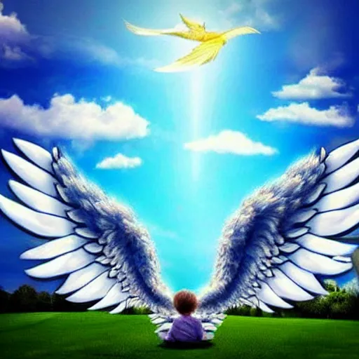 Image similar to bright blu sky. fluffy clouds. angels with big wings wake - up