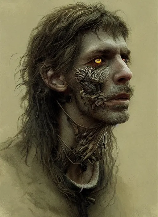 Prompt: portrait of a haggard man with mouth and eyes of a crow, nature, surreal, face, detailed, intricate, elegant, lithe, highly detailed, digital painting, artstation, concept art, smooth, sharp focus, illustration, vivid colors, art by krenz cushart and artem demura and alphonse mucha