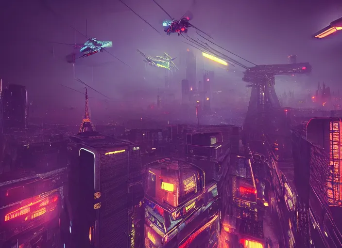Image similar to cyberpunk scifi scene of paris at night, scifi drones in the sky, artstation, matt painting, very detailed, maximalism, ambient occlusion, volumetric light, atmospheric haze, unreal engine, hyper realism, realistic shading, cinematic composition, realistic render, octane render, detailed textures, photorealistic, wide shot