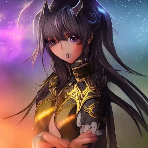 Image similar to focus face portrait of beautiful darkness knight 3D anime girl, golden armor wearing, dark forest background, snowing, bokeh, inspired by Masami Kurumada, digital painting, high contrast, unreal engine render, volumetric lighting, high détail