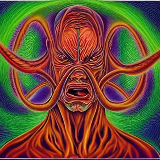 Prompt: Alex grey painting of someone sneezing