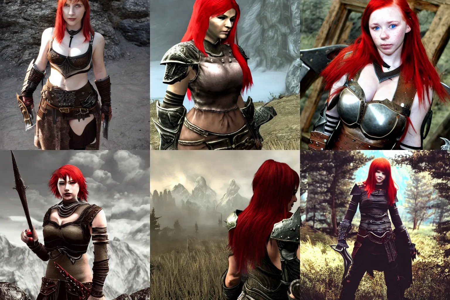 Prompt: skyrim, lilu, young woman, red hair, freckles, leather fantys armor