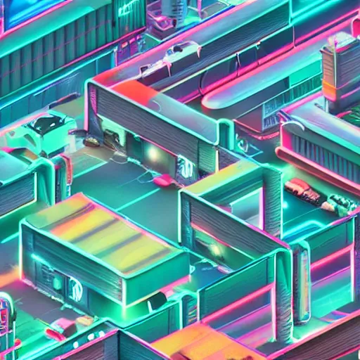 Image similar to isometric cyberpunk city, many vintage neon signs, futuristic highways, render, octane, 4k, highly detailed, vivid colors, high definition, by James Gilleard and Makoto Shinkai, Akira movie vibe