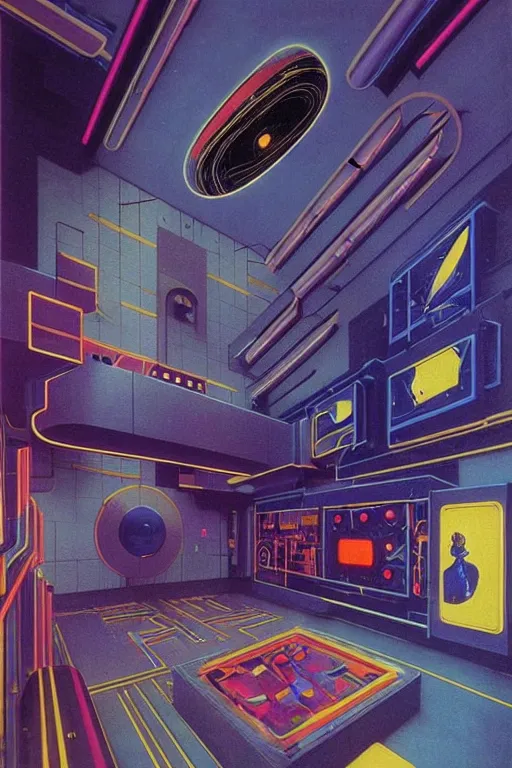 Image similar to 8 0 s art deco indoor spacestation with swimmingpool, robots, led screens, droids, neon sign, cinematic dramatic cyberpunk textural fluid lines otherworldly vaporwave interesting details fantasy lut epic composition by basquiat zdzisław beksinski james jean artgerm rutkowski moebius francis bacon gustav klimt