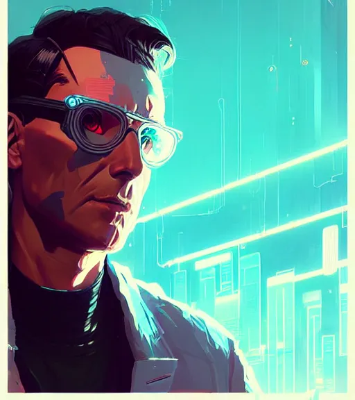 Prompt: cyberpunk synth - wave highly detailed portrait man corporate cyberpunk, by atey ghailan, by greg rutkowski, by greg tocchini, by james gilleard, by joe fenton, by kaethe butcher, dynamic lighting, gradient light blue, brown, blonde cream and white color scheme, grunge aesthetic