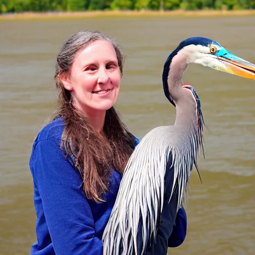 Prompt: woman holding a great blue heron