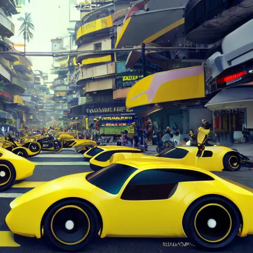 Image similar to wide shot of sleek yellow hover cars with stripes floating in the middle of a busy street in lagos, futuristic architecture, flamboyantly dressed africans walking, talking and trading, blade runner environment, digital concept art illustration by akihiko yoshida and jean - baptiste monge and makoto shinkai and wlop and wadim kashin, 4 k artstation