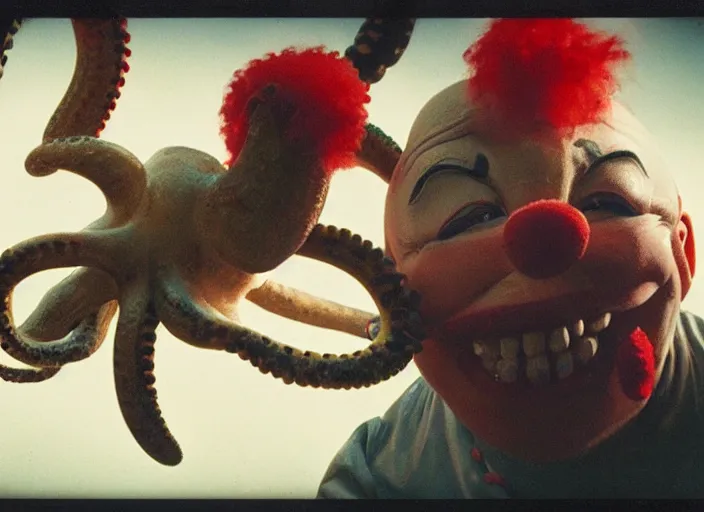 Image similar to A very high resolution image from a new movie, a clown fighting an octopus, old circus, Polaroid, directed by Steven Spielberg