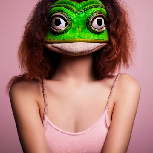 Image similar to a creative portrait of a beautiful model + pepe the frog, beauty shot, photography, makeup, female character, canon eos r 3, f / 1. 4, iso 2 0 0, 1 / 1 6 0 s, 8 k, raw, unedited, symmetrical balance, in - frame