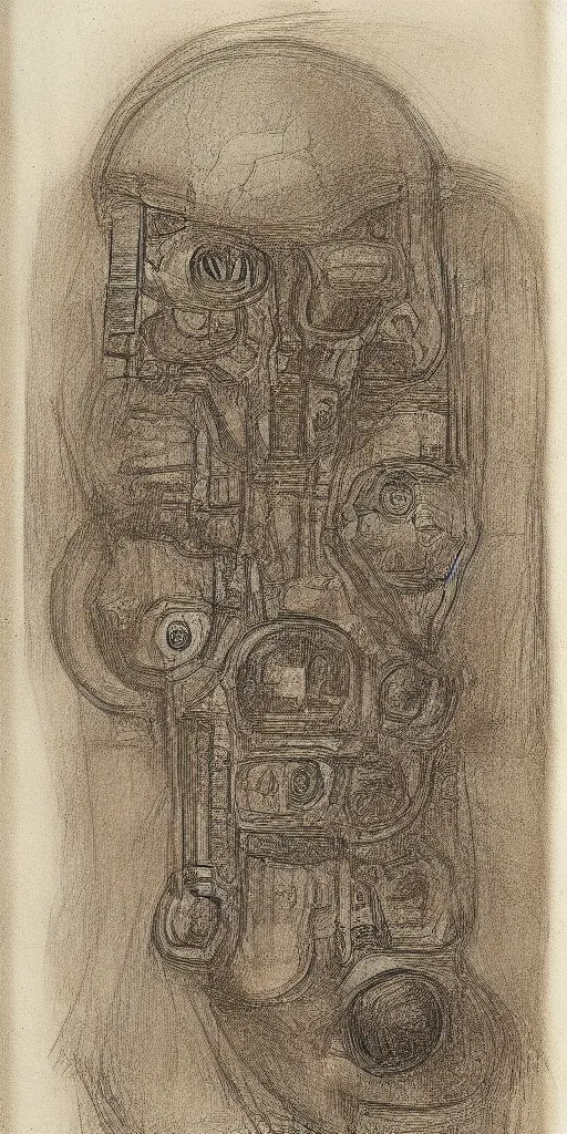 Prompt: humanoid machine sketch by Leonardo da Vinci, sketchbook, highly detailed, symmetrical