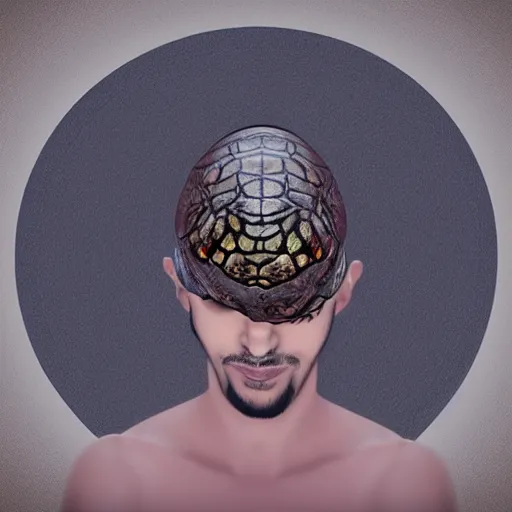 Image similar to arabic person shapeshifting into a turtle, photorealistic, digital art