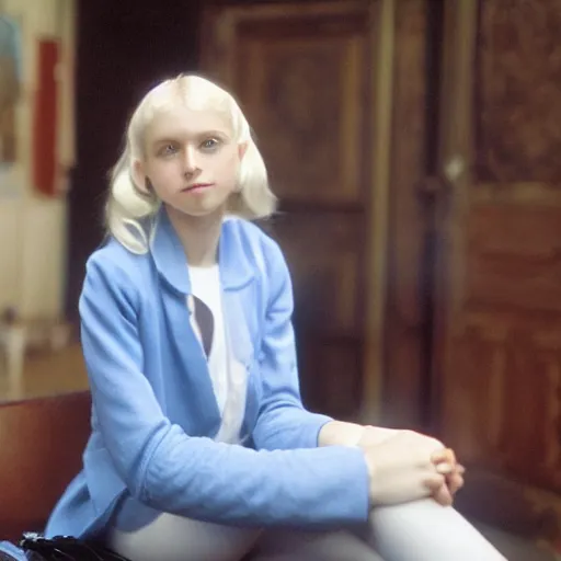 Prompt: aristocratic platinum - blonde - haired hime - cut blue - eyed 1 9 - year - old french princess wearing white leggings and black jacket, sitting in a communist office chatting with a bolshevik officer, colorized hd photograph