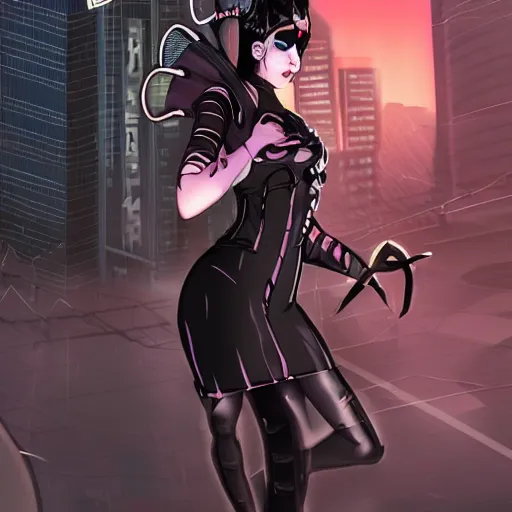 Prompt: cyber girl with demon horns and a fine dress with gloomy face in front of a cybercity holding a black feather in her hand with blush on her cheeks