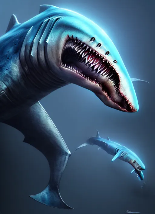 Image similar to an anthromorphic alien cyborg shark, diffuse lighting, fantasy, highly detailed, photorealistic, digital painting, artstation, illustration, concept art, smooth, sharp focus