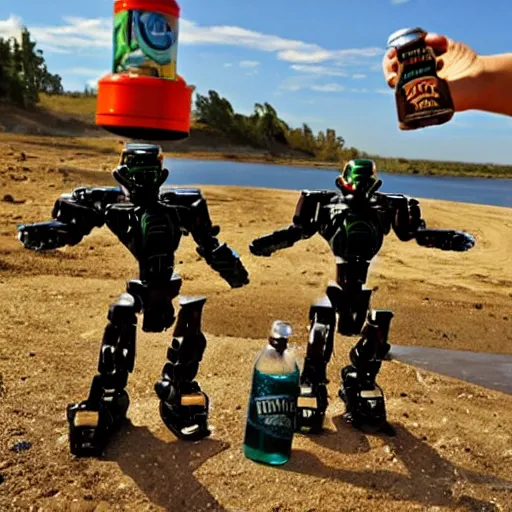 Prompt: bionicle and beer in the hand