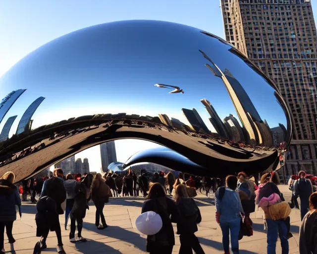 Prompt: the bean in chicago takes flight