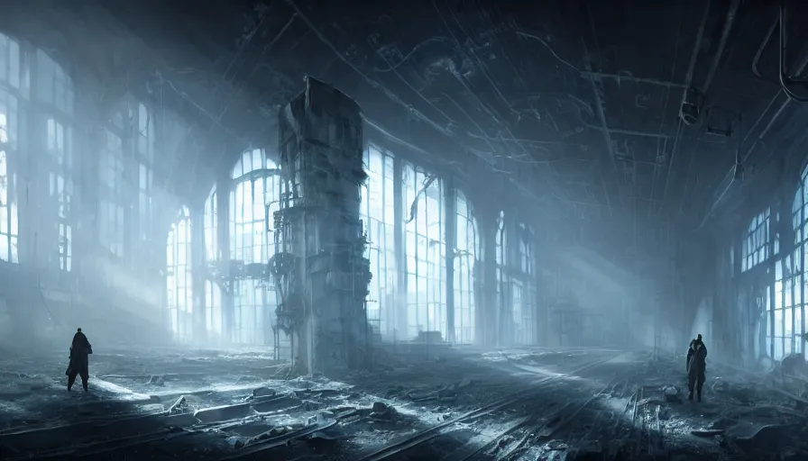 Image similar to high tech nomands exploring abandoned laboratory on splitzbergen, artic station, frostpunk, scifi, dark scifi, space horror, light, shadows, reflections, steam, epic composition, intricate, elegant, volumetric lighting, digital painting, highly detailed, artstation, sharp focus, illustration, concept art, ruan jia, steve mccurry