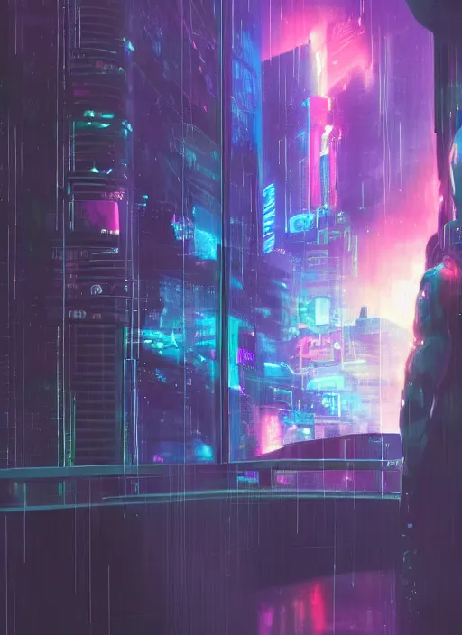 Prompt: one cyber godly person made of cosmic nebula galaxy energy watching a rainy colorful complex cyberpunk futuristic holographic city from behind at night through a window in a room, reflections, high contrast, 8 k, photorealistic, concept art, wet, highly detailed, cinematic mood by ridley scott, ghost in the shell, trending on artstation, glowing and epic