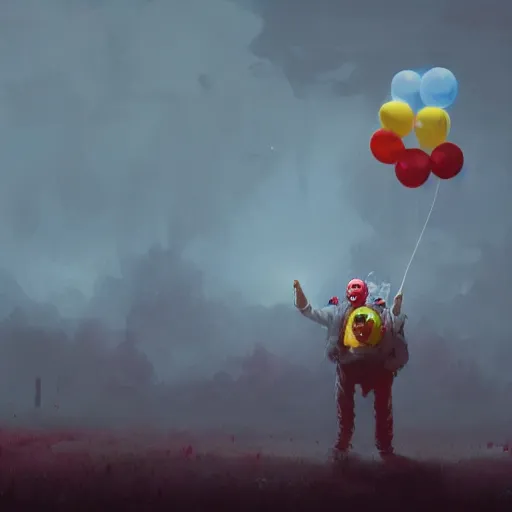 Image similar to a helpless clown in a painting from stalenhag, 4 k, 8 k, hdr, artstation, concept art „