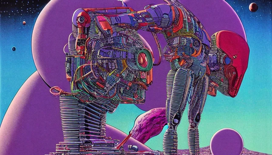 Image similar to ( ( ( ( a humanoid creature on other planets that appear intelligent. ) ) ) ) by mœbius!!!!!!!!!!!!!!!!!!!!!!!!!!!, overdetailed art, colorful, artistic record jacket design