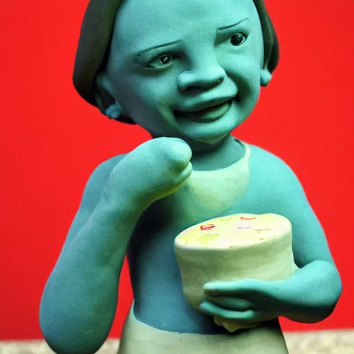 Prompt: clay figure of a kid holding a cake