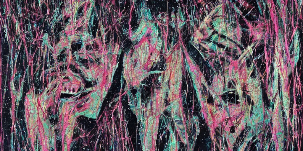 Image similar to camo made of teeth, smiling, abstract, francis bacon artwork, tribal, neon, cryptic, dots, stipple, lines, splotch, color tearing, pitch bending, faceless people, dark, ominous, eerie, minimal, points, technical, old painting