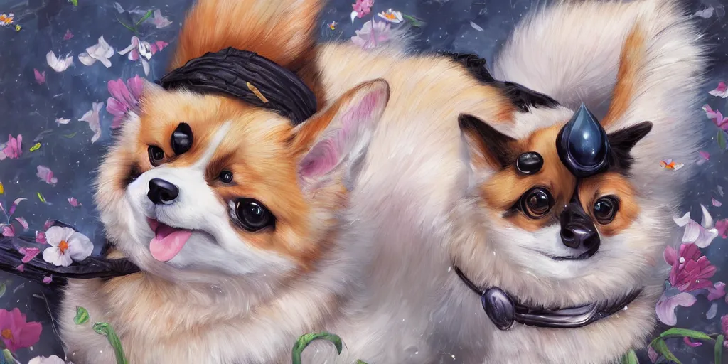 Prompt: highly detailed anime painting of a fluffy corgi ninja god, by Anna Dittmann and Hikari Shimoda , trending on Artstation, 8k, masterpiece