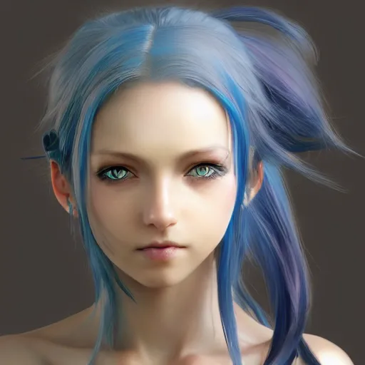 Prompt: portrait of young girl half dragon, blue hair, long hair, highly detailed 3D render, 8k, rpg concept art character, jrpg character, manga, anime, video game character, concept art, by Yoshitaka Amano