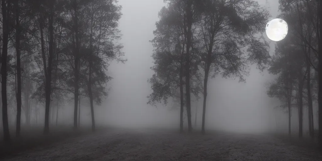 Prompt: road between tall trees in right corner, dark night, fog, cold light, moon