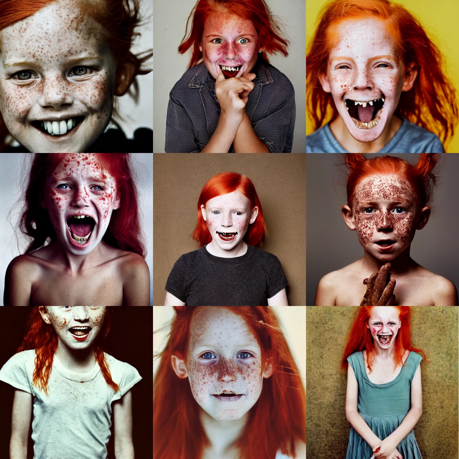 Prompt: photograph of a ten year old girl with very sharp teeth by annie leibovitz, red hair, freckles