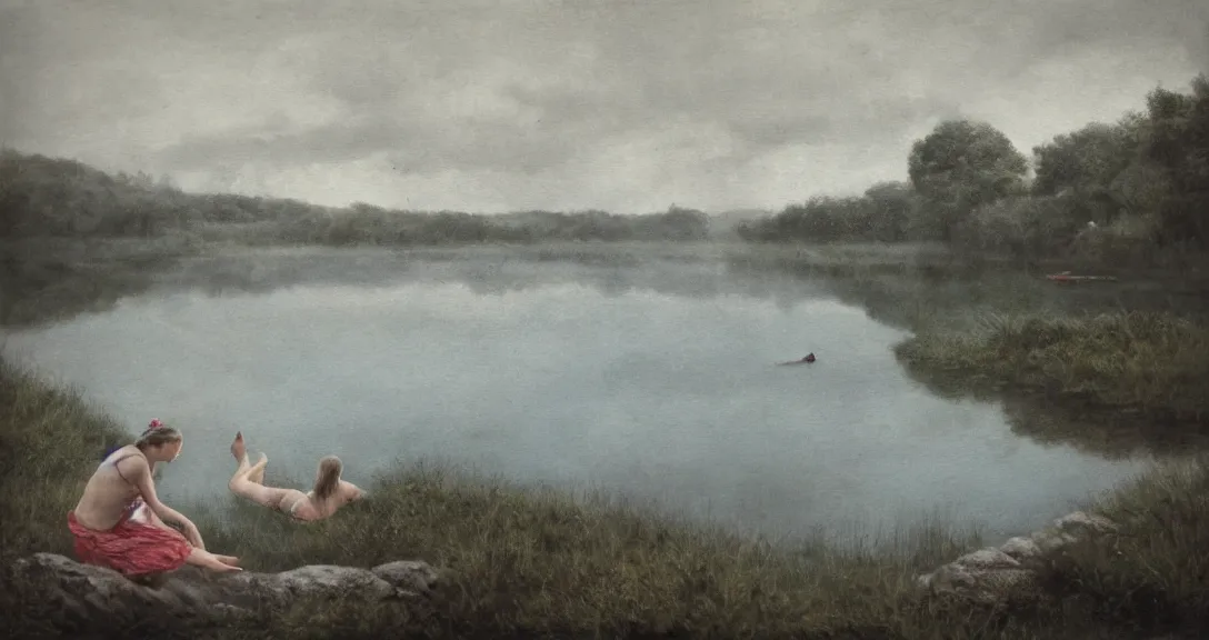 Prompt: peasant girl swimming in the lake, the other girl is watching from the shore and sitting on a stone, high angle view, foggy, high-key lightning, realistic, aesthetic, sad atmosphere, neutral colors, detailed illustration, oil on canvas. Polaroid photo, Bleach bypass, in style of simplified realism, 4k, octane render, by Karl Brullov, by Andrei Tarkovsky, by Steve Hanks