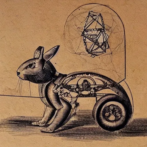 Prompt: mechanical rabbit with a glowy crystal inside powering it up, steampunk design, made of woods, by Leonardo da Vinci, drawn projects on paper, instructions to build it