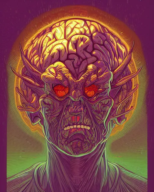 Prompt: A portrait of the MRI brain damage demon, digital art by Dan Mumford and Peter Mohrbacher, highly detailed, trending on ArtStationHQ, in the style of art deco