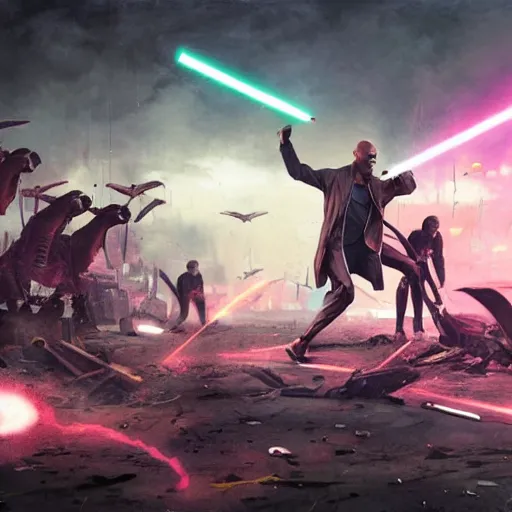 Prompt: mace windu fighting a group of pterodactyls in a destroyed cyberpunk city shooting lasers by greg rutkowski