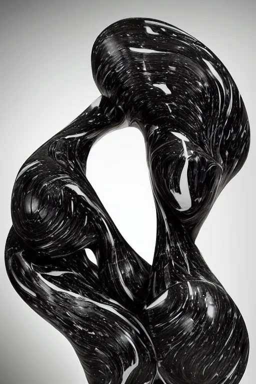 Prompt: a beautiful crafted and rendered black abstract, porcelain sculpture, with many details, that is turning itself inside, rotated and twisted, hyperrealistic and high details and minimalistic ornaments