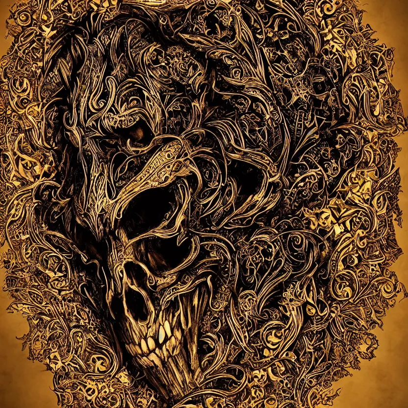 Image similar to photo portrait portrait of skull of wolf, lying on bones, dramatic lighting, golden ornaments, symmetric, intricate skeletal decorations, symmetry, highly detailed, concept art, black, red, white, gold layers, super moon, style of nekroxiii, hyperrealistic, dark background, smoke