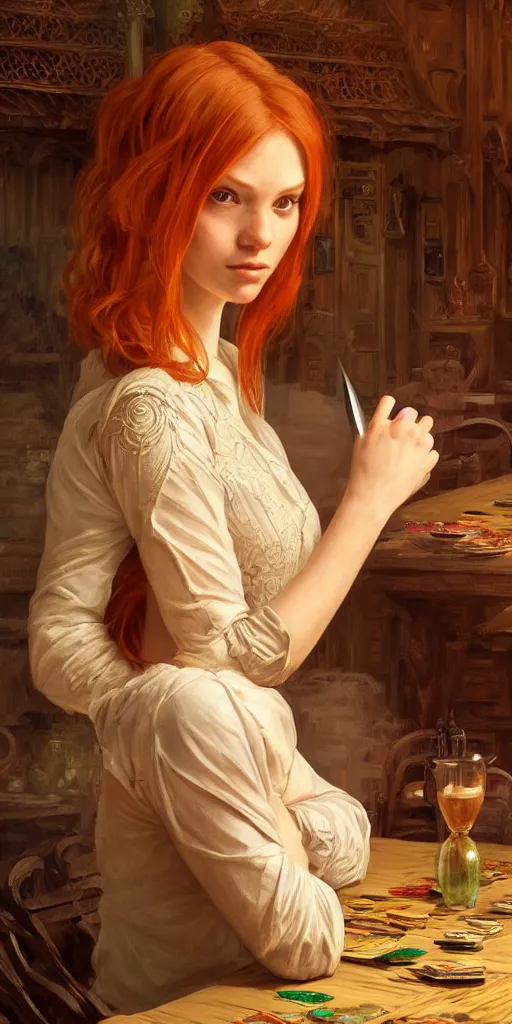 Image similar to ginger girl with problems, sitting and drinking in an ancien tavern and playing with a knife, magic the gathering, ancient, sand, emerald, intricate, highly detailed, digital painting, artstation, concept art, smooth, sharp focus, illustration, Unreal Engine 5, 8K, art by artgerm and greg rutkowski and alphonse mucha