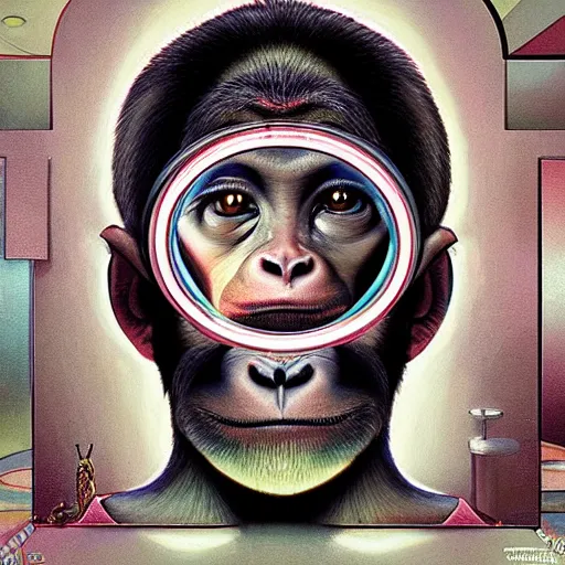 Image similar to lofi monkey in front of a mirror reflecting expression of a human face, symmetrical hands, doctors mirror, Pixar style by Tristan Eaton Stanley Artgerm and Tom Bagshaw, high detail