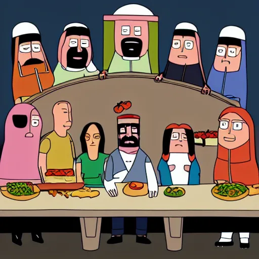 Prompt: the last supper, but the characters are from bobs burgers