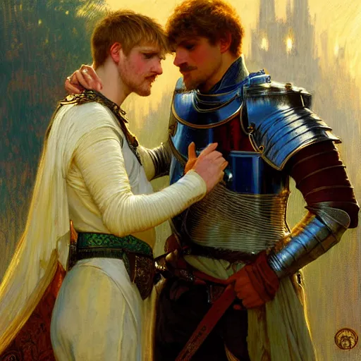 Image similar to attractive arthur pendragon and his attractive male knight, they are in love, natural lighting, path traced, highly detailed, high quality, digital painting, by gaston bussiere, craig mullins, alphonse mucha j. c. leyendecker