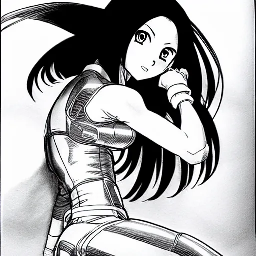 Image similar to alita by yukito kishiro. medium shot. black and white manga. pencil drawing.