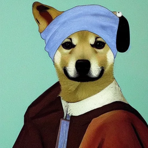 Image similar to girl with a pearl earring but as a shiba inu dog, ultra realistic, very detailed