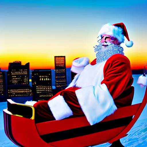 Image similar to santa claus in a sleigh with reindeers in front of world trade center's 5 0 th floor with a beautiful sunset in the background